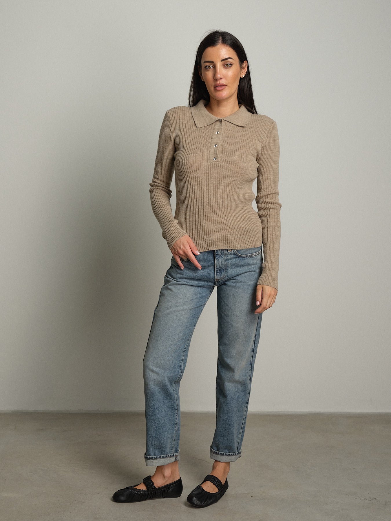 Polo costina bottoni strass - Beige