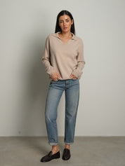 polo scollo v in maglia - Beige