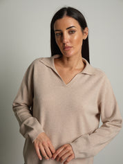 polo scollo v in maglia - Beige