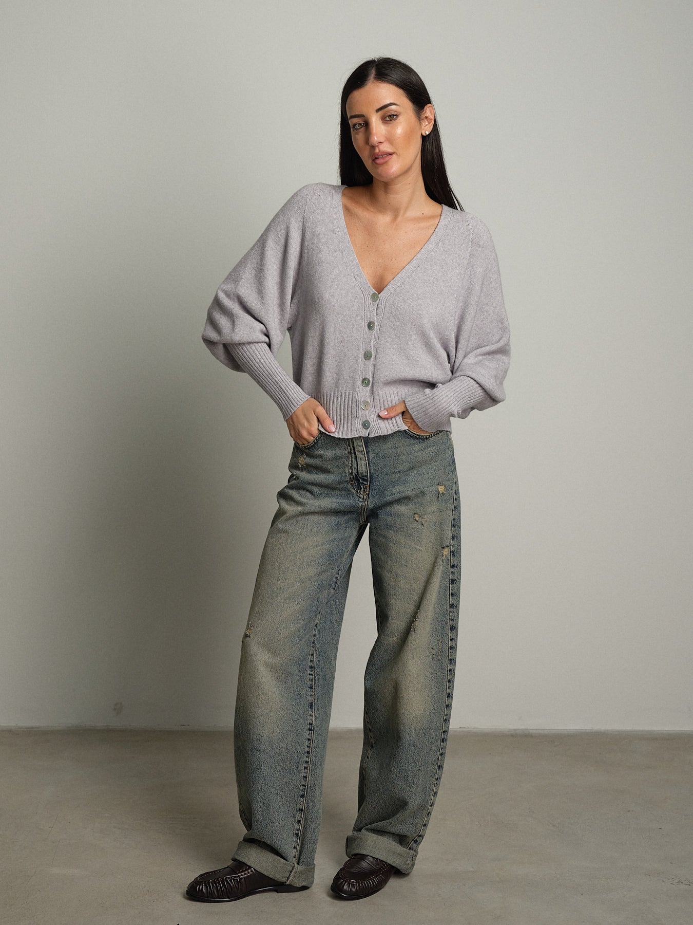 Cardigan manica palloncino - Grigio perla