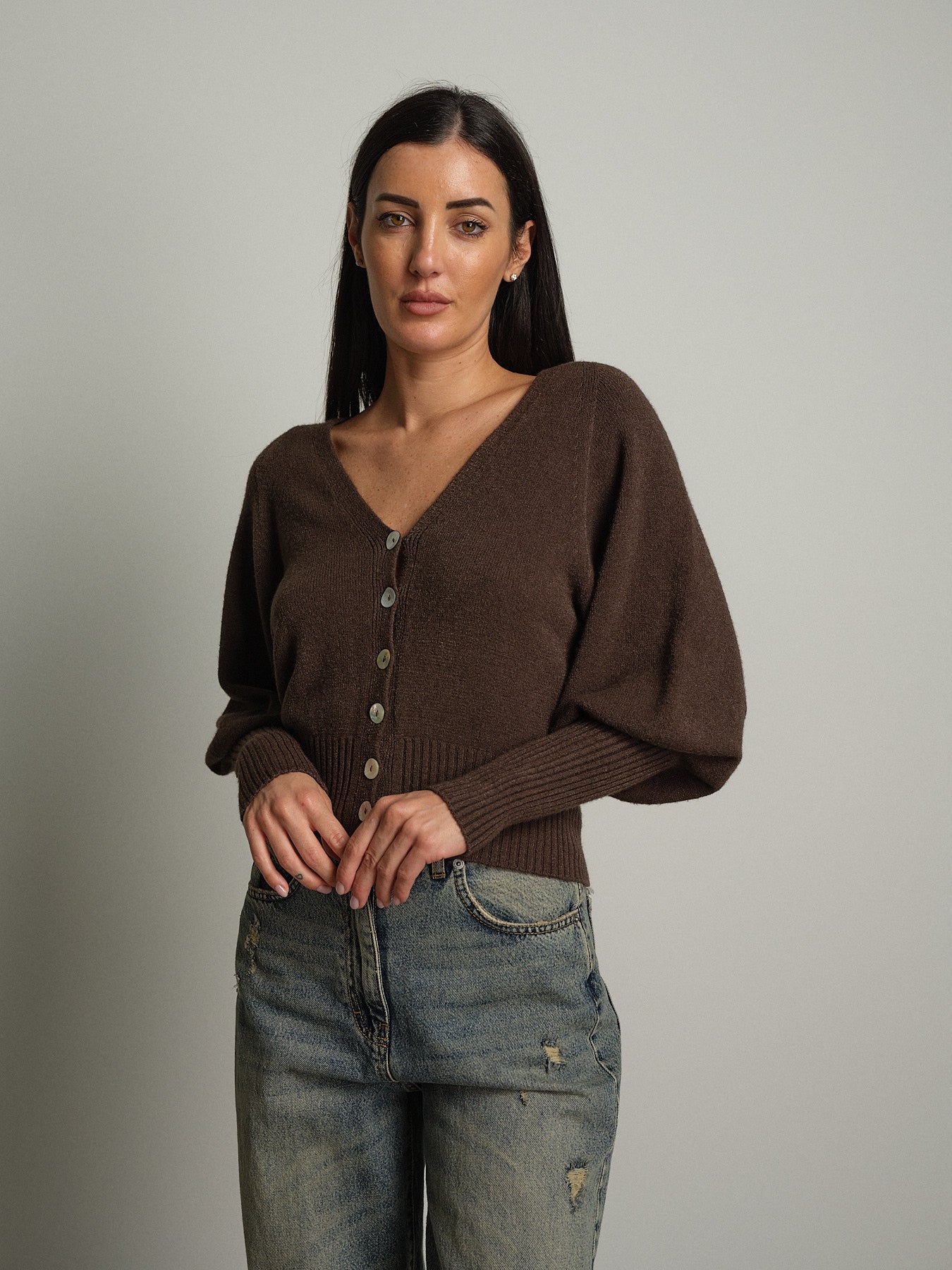 Cardigan manica palloncino - Caffè