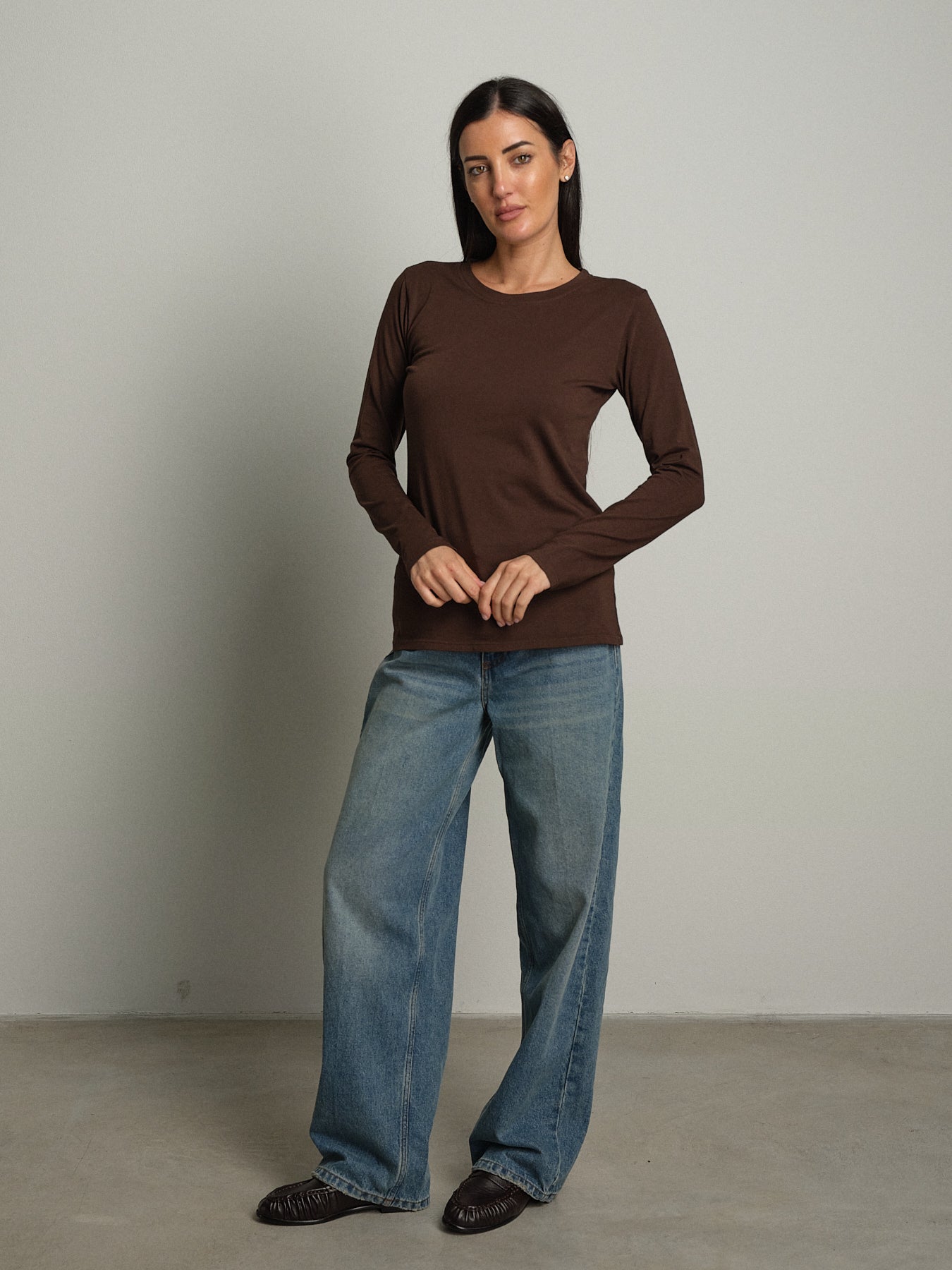 maglia slim manica lunga paricollo - moro