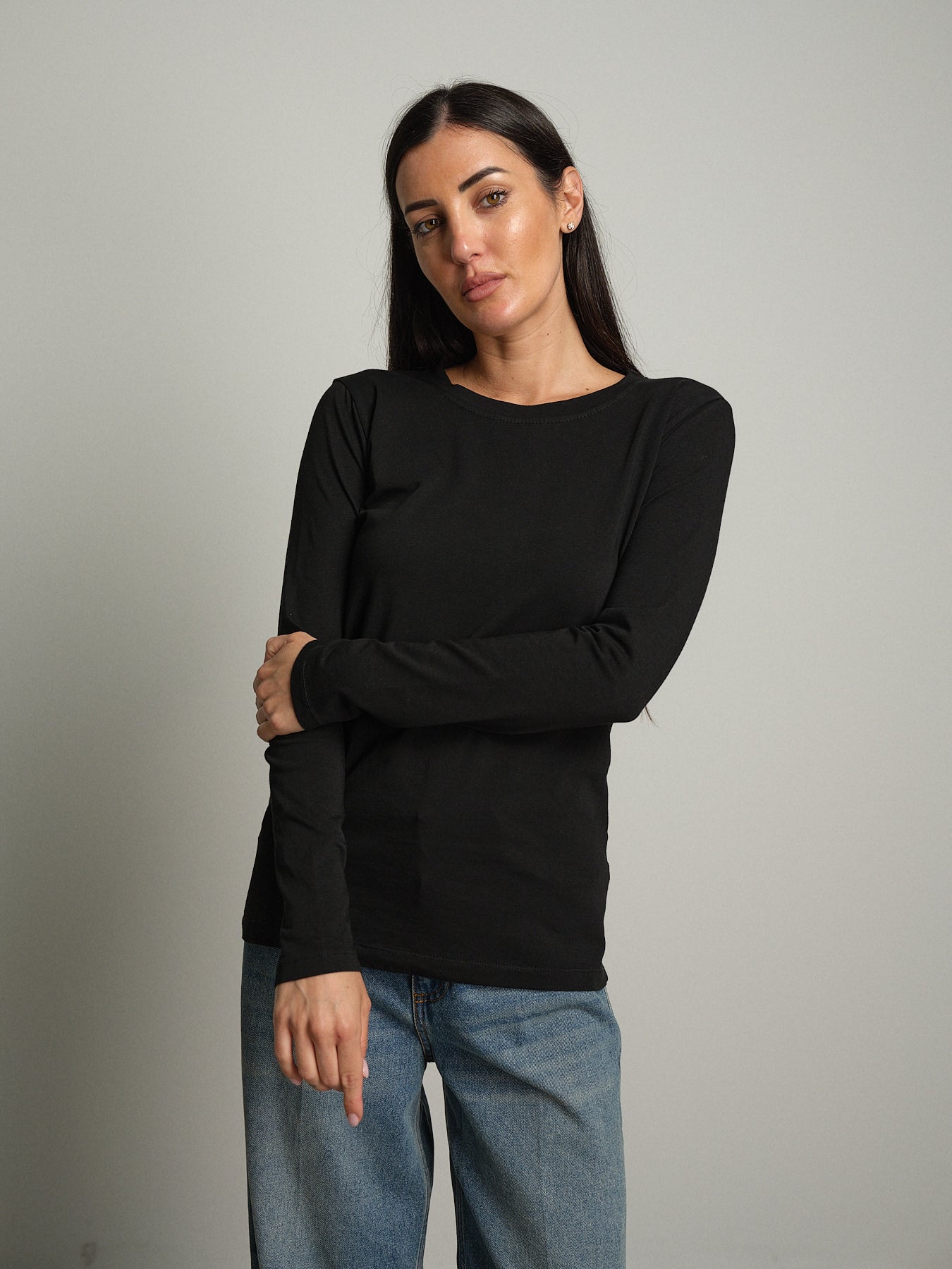 maglia slim manica lunga paricollo - Nero