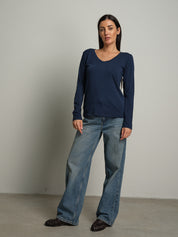 maglia slim manica lunga scollo v - Blu notte