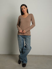 maglia slim manica lunga scollo v - Tortora