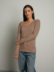 maglia slim manica lunga scollo v - Tortora