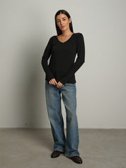 maglia slim manica lunga scollo v - Nero