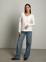 maglia slim manica lunga scollo v - Panna