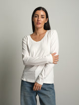 maglia slim manica lunga scollo v - Panna