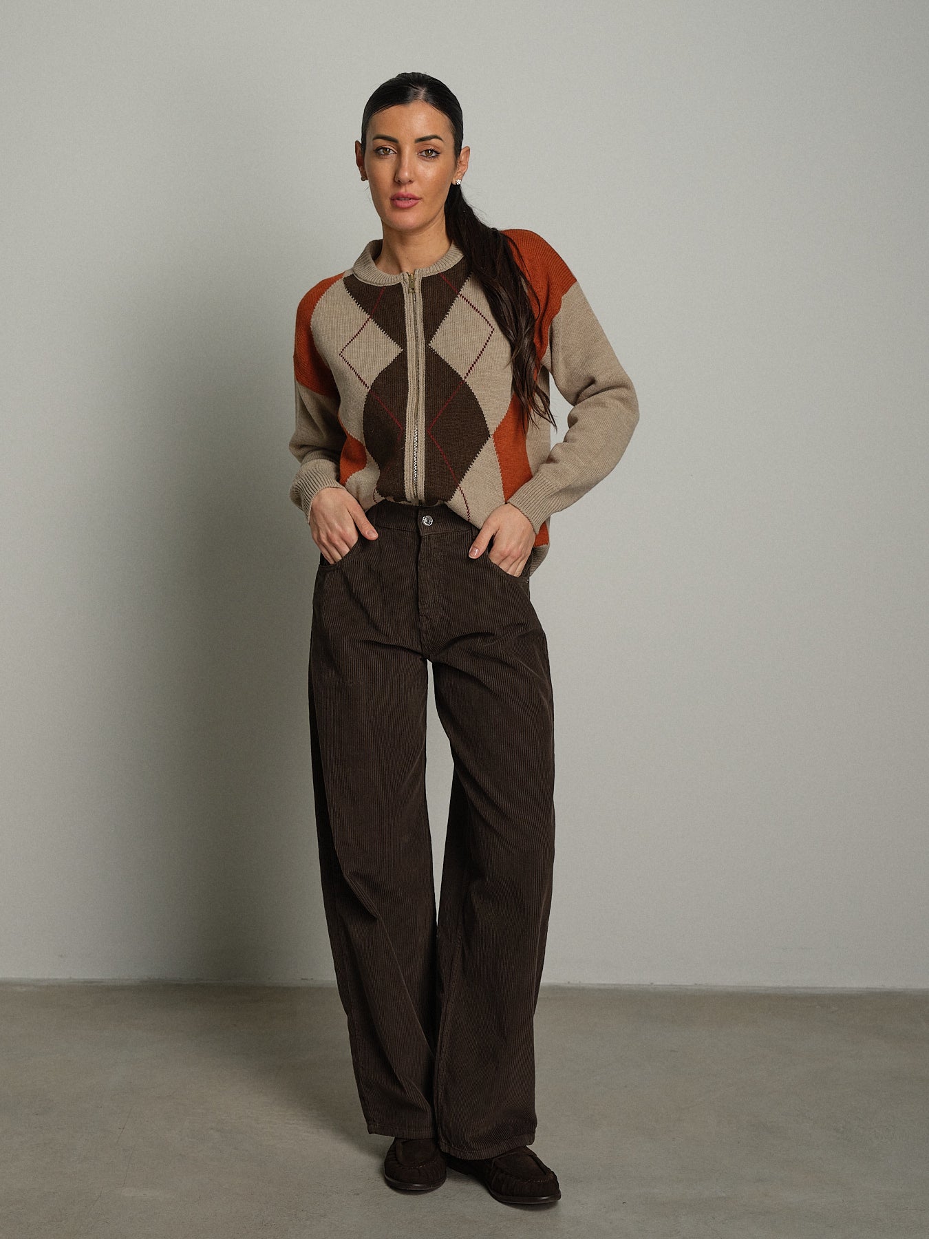 Cardigan zip rombi - Beige