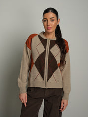 Cardigan zip rombi - Beige