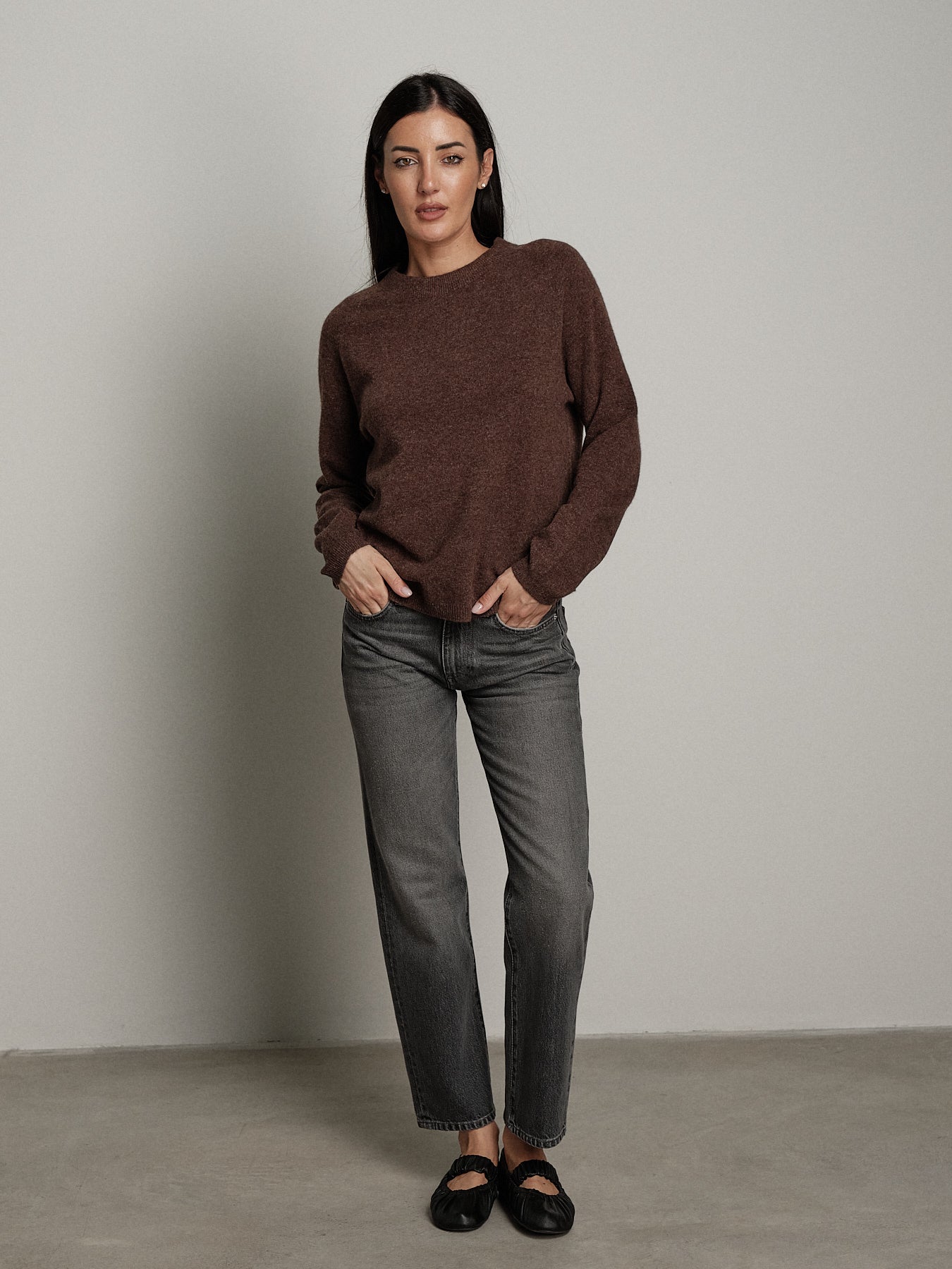 Pullover girocollo pura lana - moro