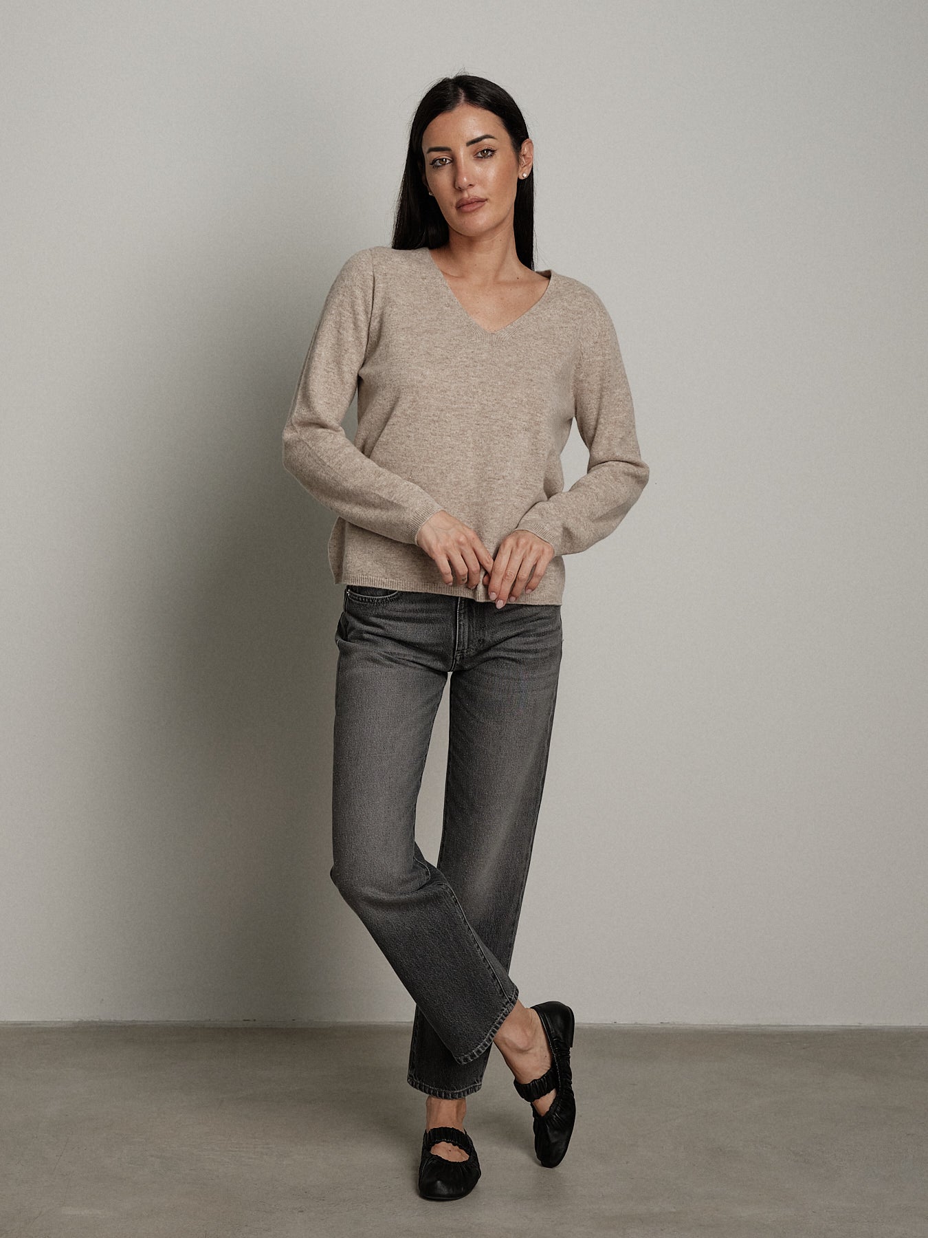 Pullover scollo V pura lana - Beige