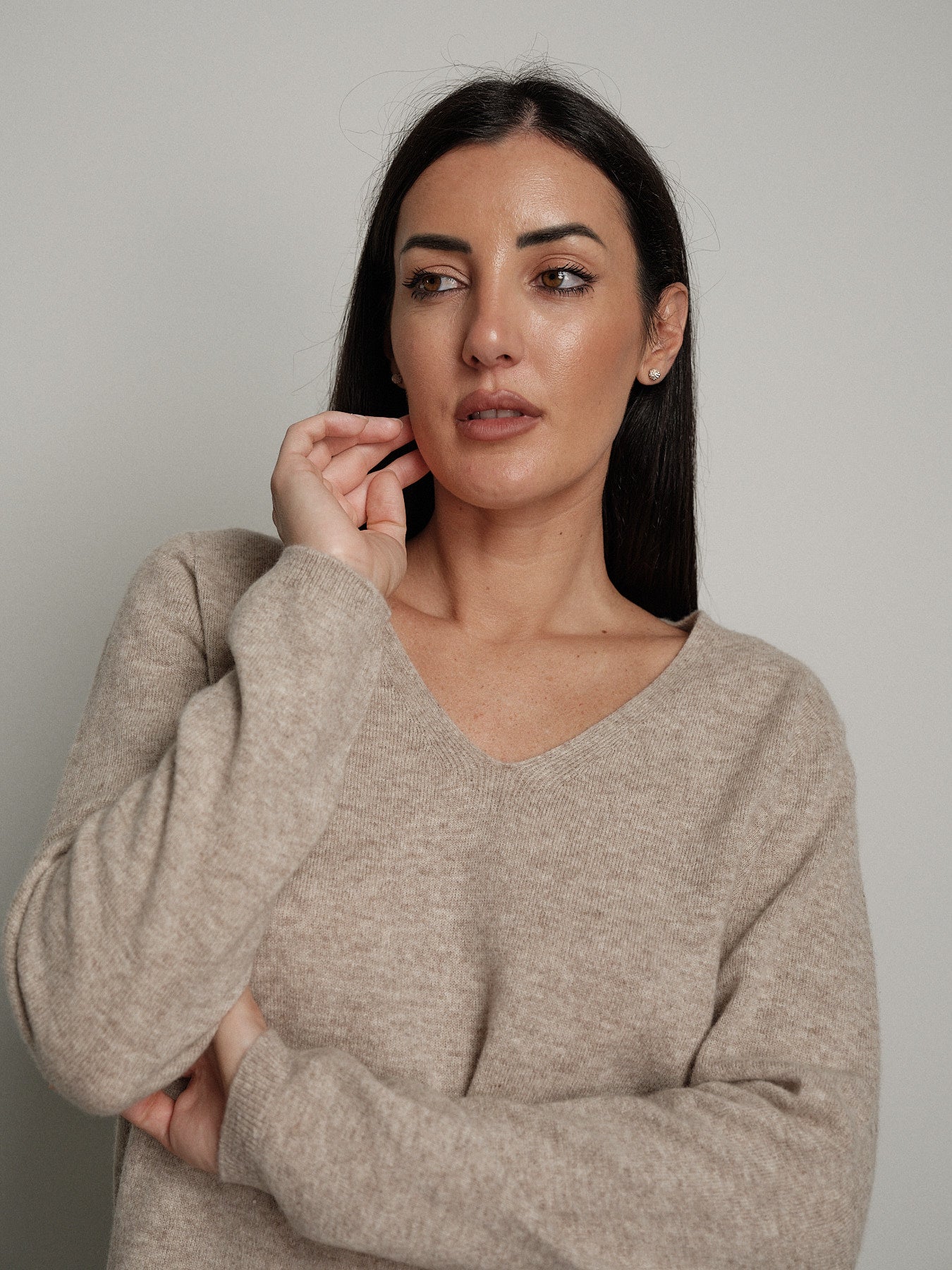 Pullover scollo V pura lana - Beige