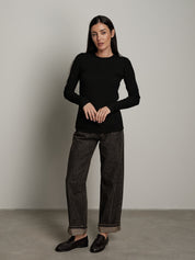 Maglia costina manica lunga manicotto - Nero