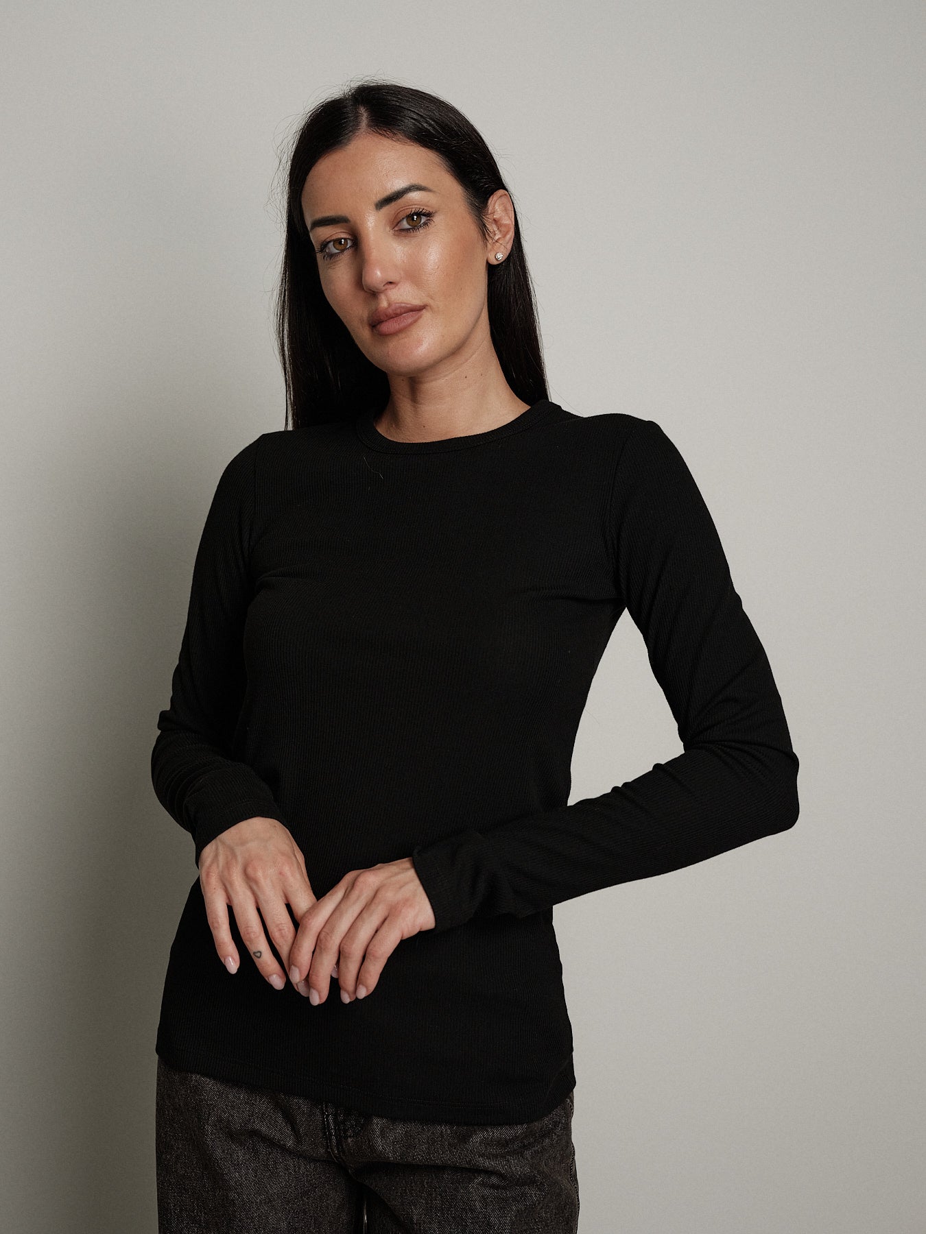 Maglia costina manica lunga manicotto - Nero