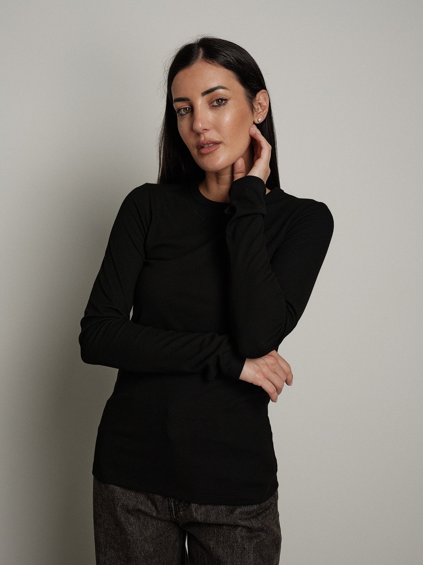 Maglia costina manica lunga manicotto - Nero