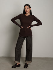 Maglia costina manica lunga manicotto - Cioccolato