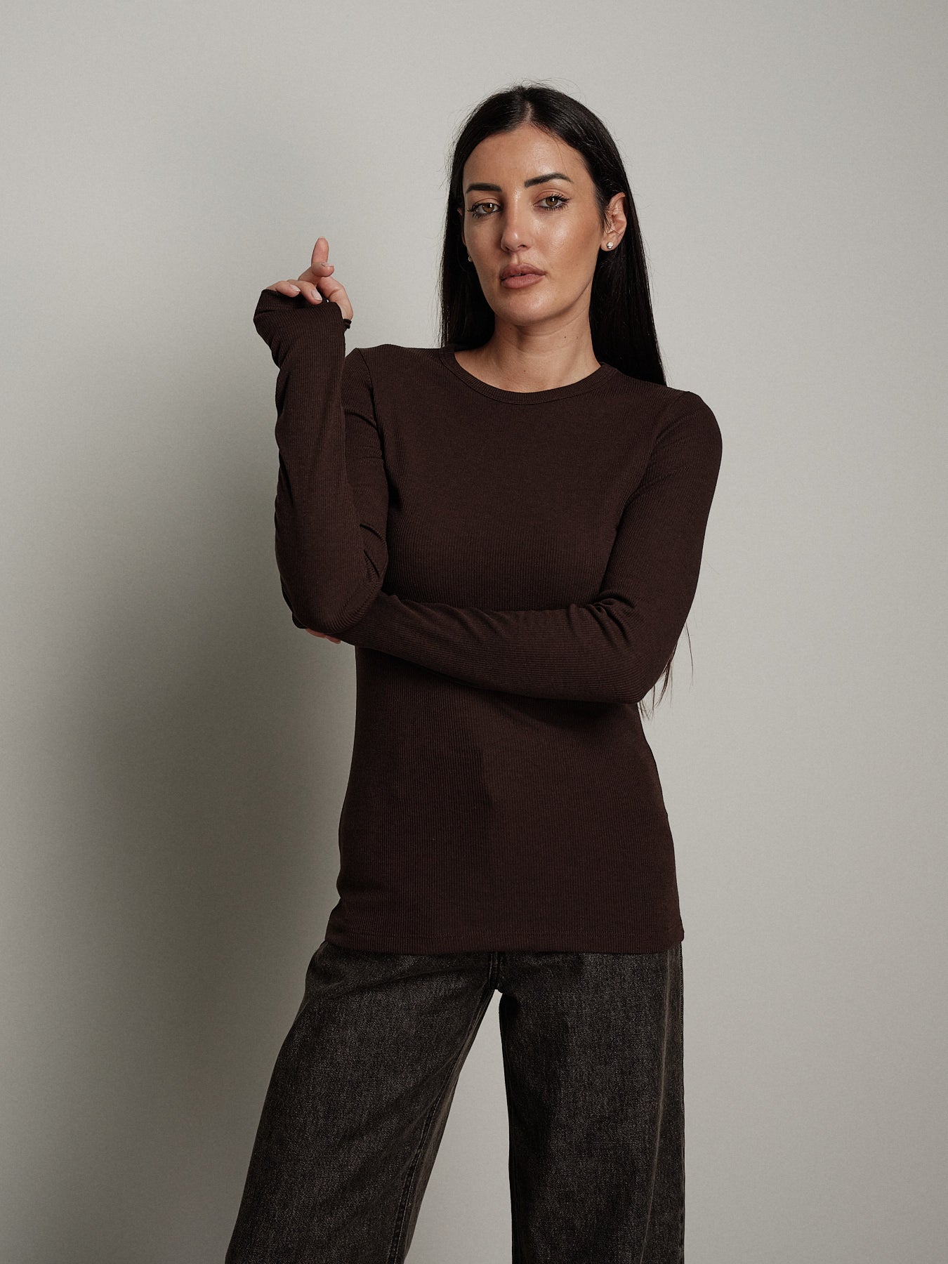 Maglia costina manica lunga manicotto - Cioccolato