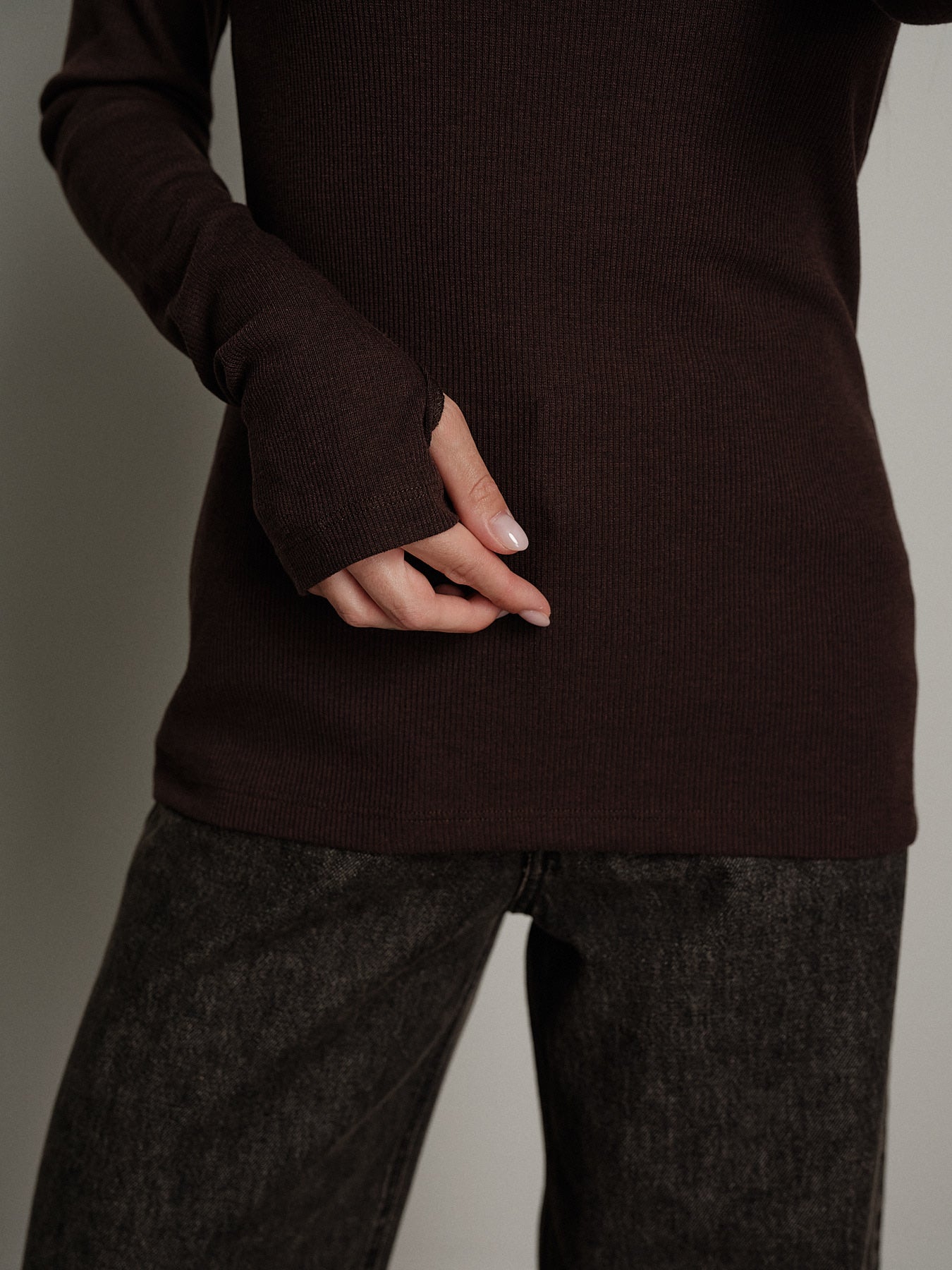 Maglia costina manica lunga manicotto - Cioccolato
