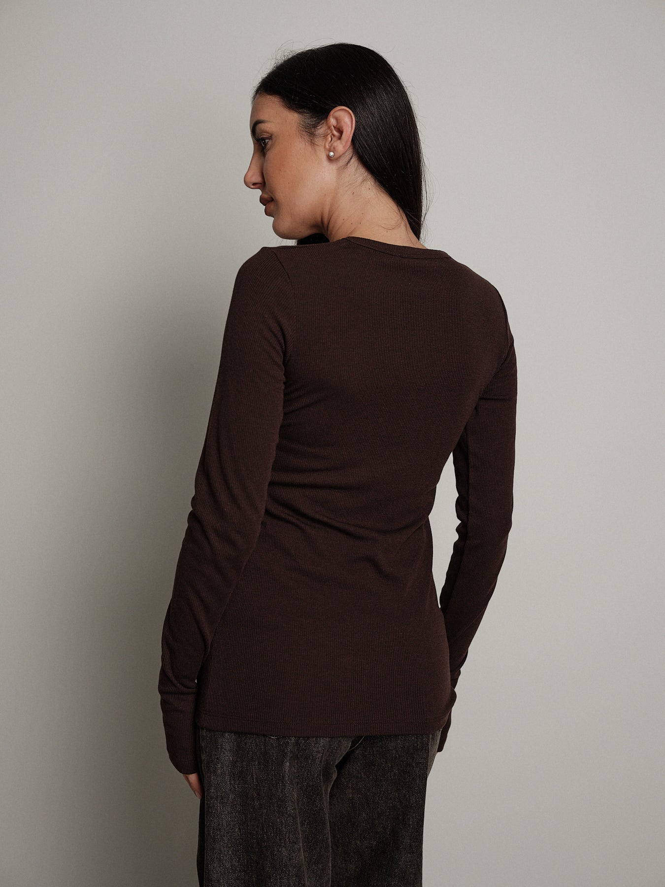 Maglia costina manica lunga manicotto - Cioccolato