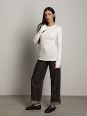 Maglia costina manica lunga manicotto - Panna