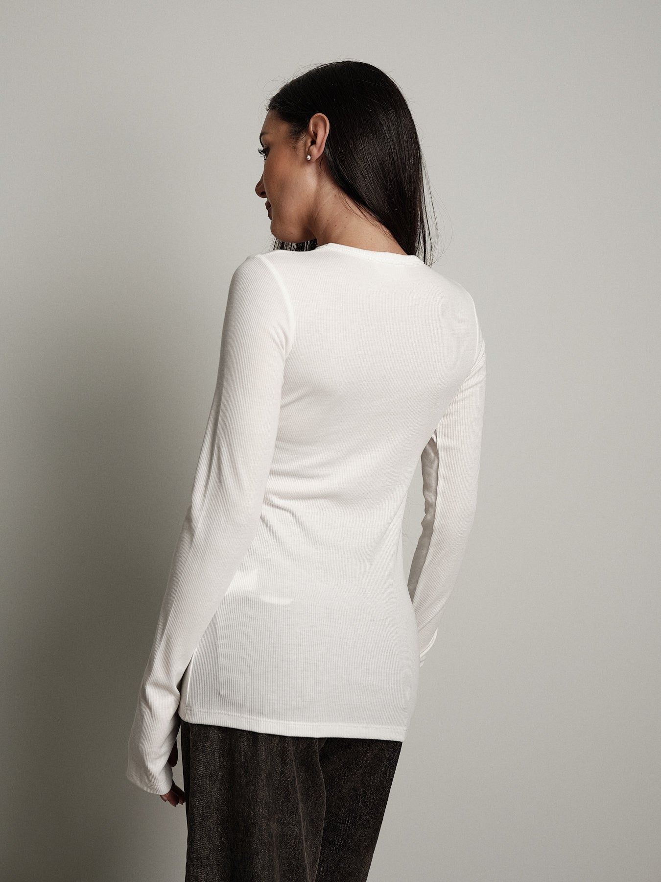 Maglia costina manica lunga manicotto - Panna
