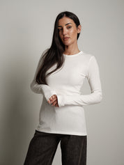 Maglia costina manica lunga manicotto - Panna