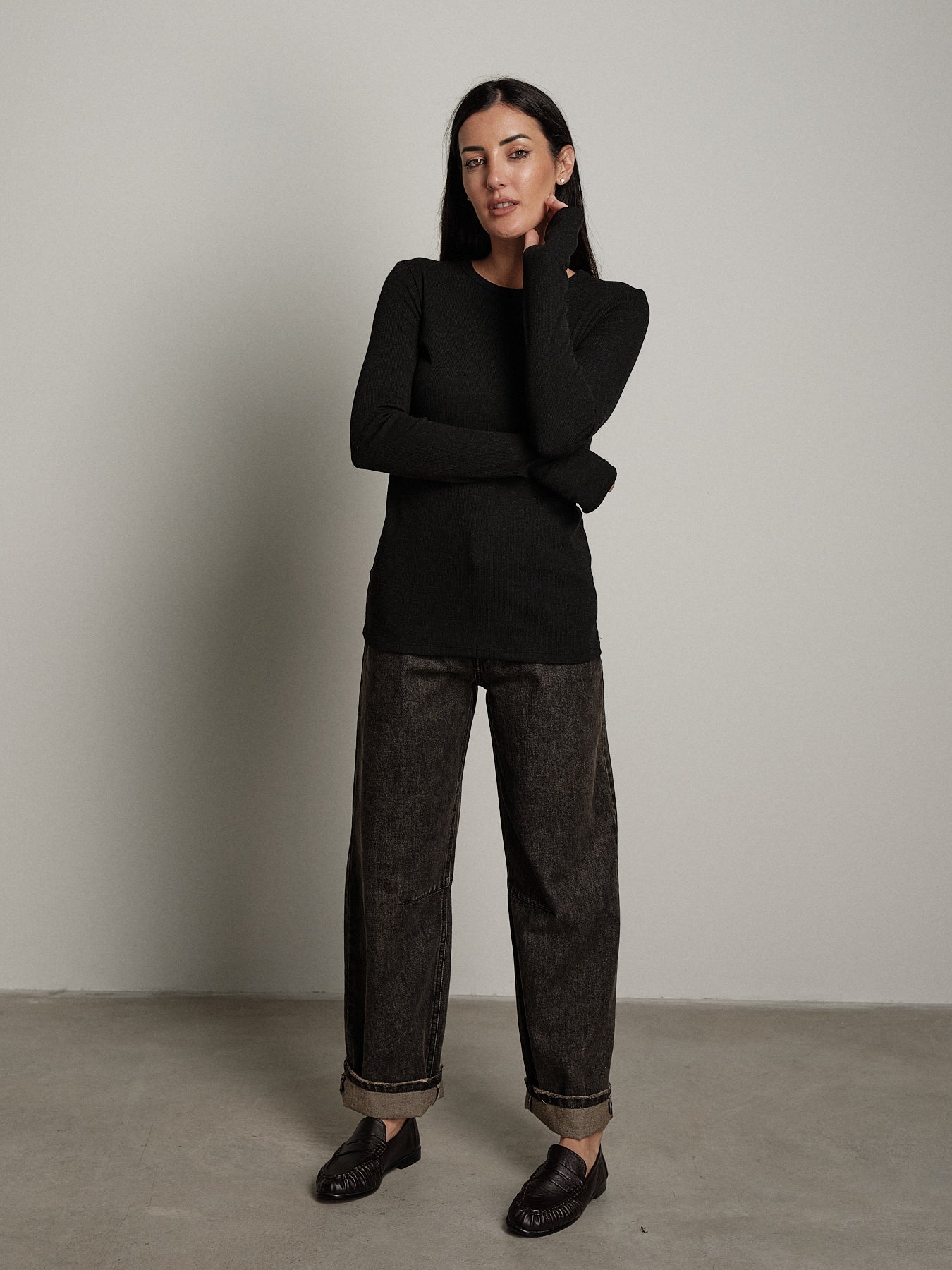 Maglia costina manica lunga manicotto - Antracite