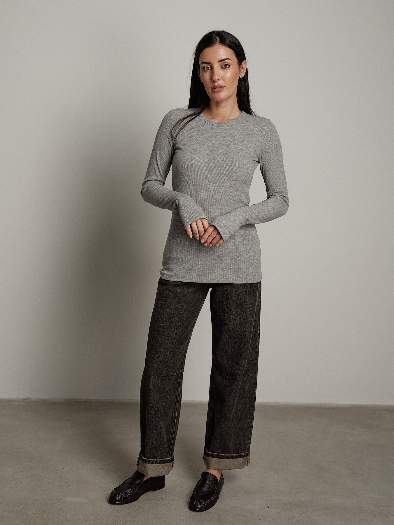 Maglia costina manica lunga manicotto - Grigio perla