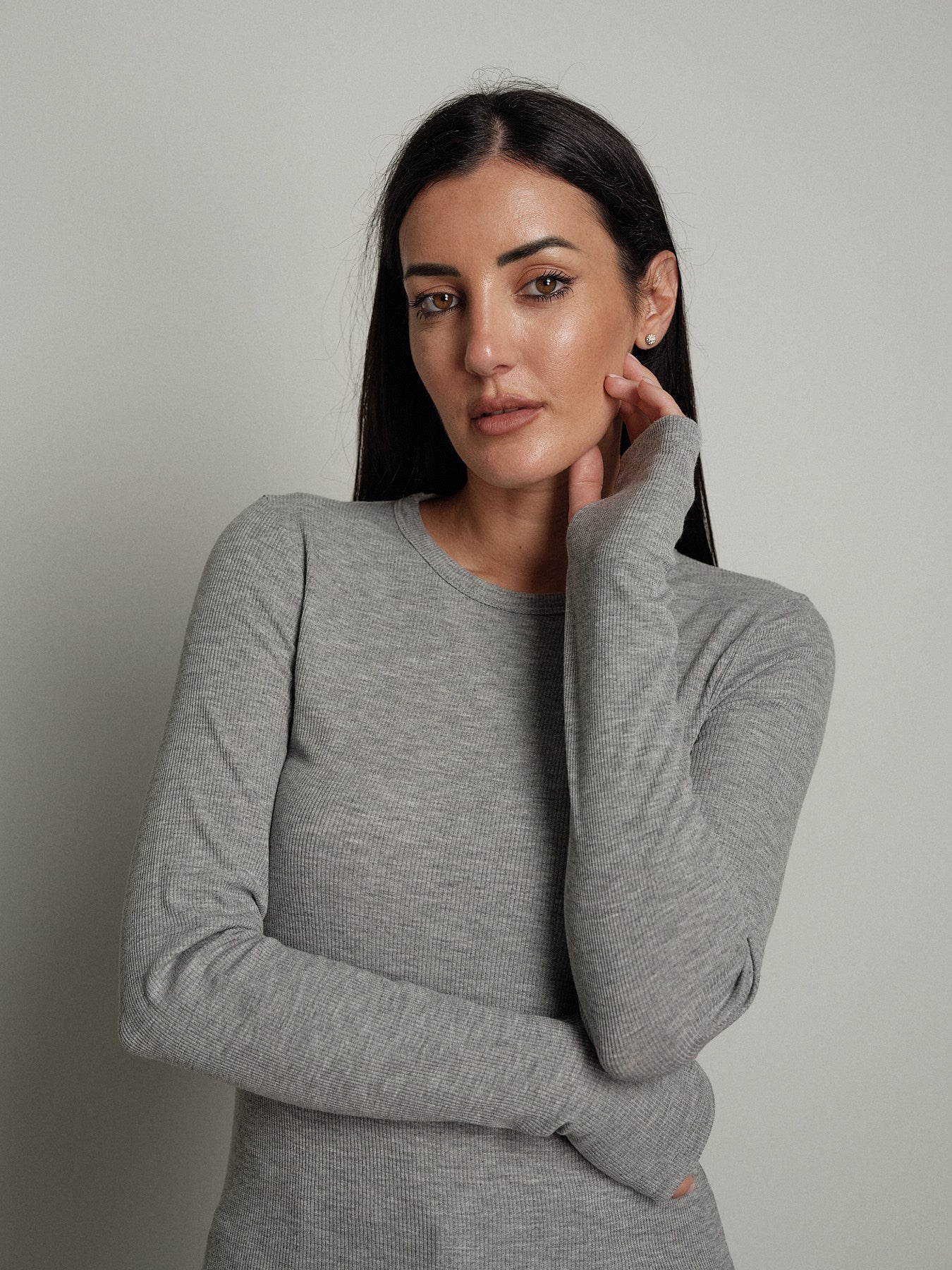 Maglia costina manica lunga manicotto - Grigio perla