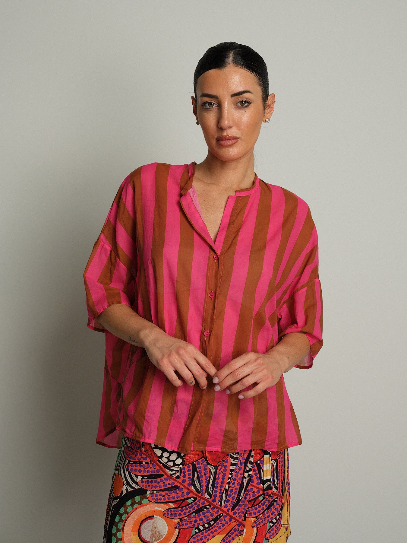 Camicia riga spalla scesa - Fucsia
