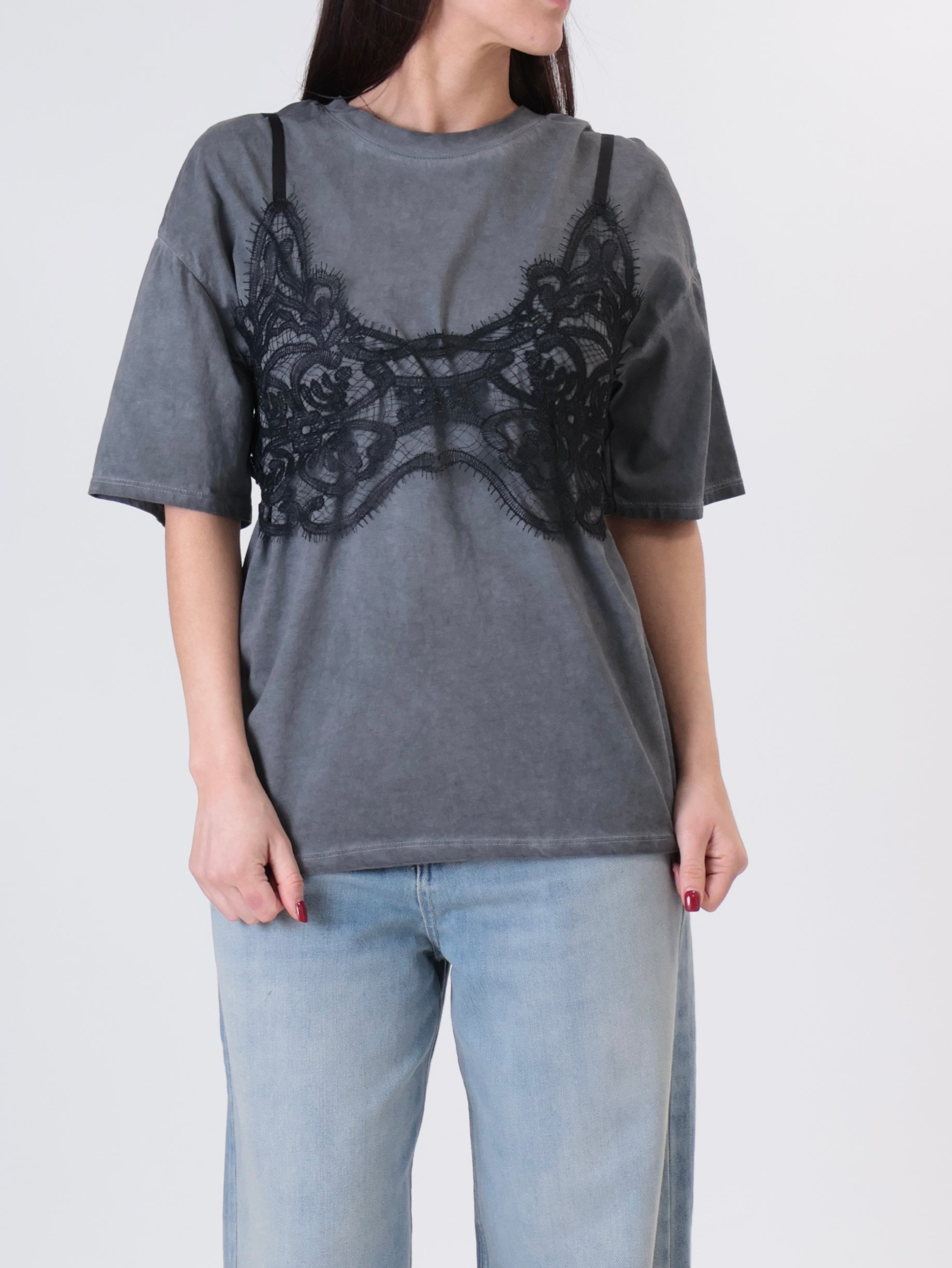 T-Shirt con pizzo antracite