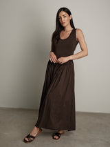 Abito cotone bimateriale balza marrone