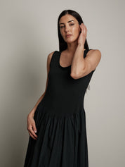 Abito cotone bimateriale balza nero