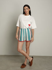 Shorts righe azzurre orli rossi