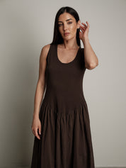 Abito cotone bimateriale balza marrone