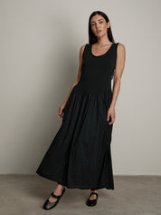 Abito cotone bimateriale balza nero