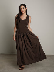 Abito cotone bimateriale balza marrone