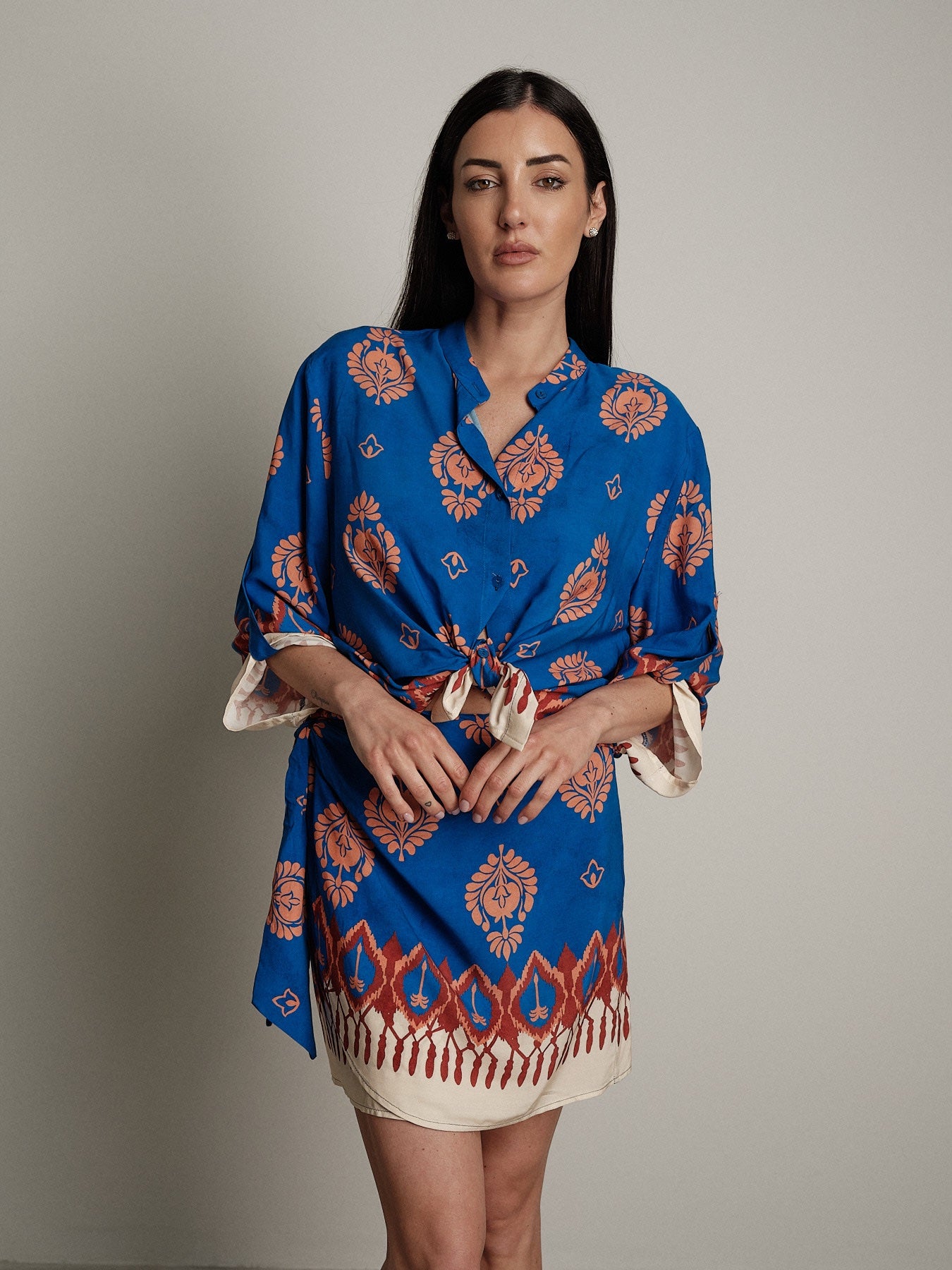 Electric blue pareo print mini skirt