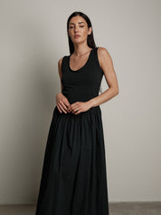 Abito cotone bimateriale balza nero