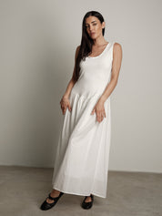 Abito cotone bimateriale balza bianco