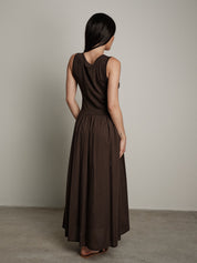 Abito cotone bimateriale balza marrone