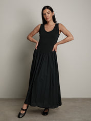 Abito cotone bimateriale balza nero