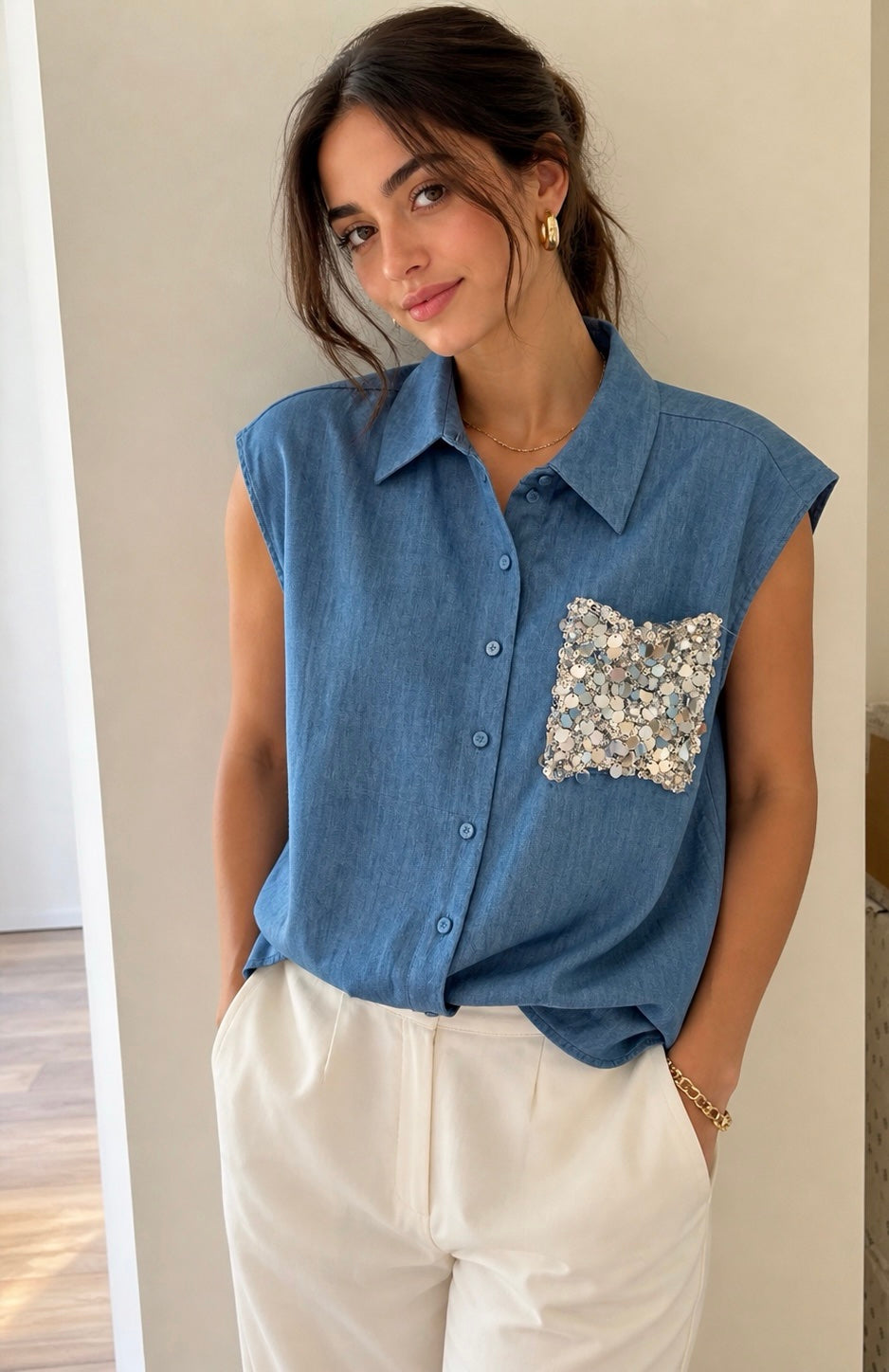 Sleeveless sequined chambray shirt