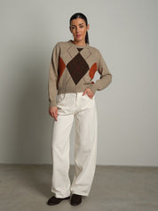 Pullover girocollo rombi Beige Haveone 7AC7086;Pullover girocollo rombi Beige Haveone 7AC7086 — foto 2;Pullover girocollo rombi Beige Haveone 7AC7086 — foto 3
