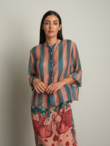 Camicia riga abbinata elefante maculato - Petrolio