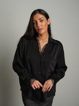 Camicia raso scollo V pizzo - Nero