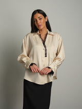 Camicia raso scollo V pizzo - Panna