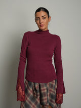 Maglia collo cratere costine pizzo - Bordeaux